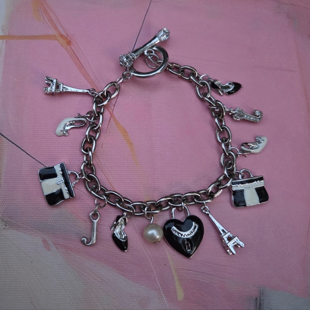 Juicy Couture Y2K Mini Parisian Noir Skinny Silvertone/Black/Cream Charm Bracele
